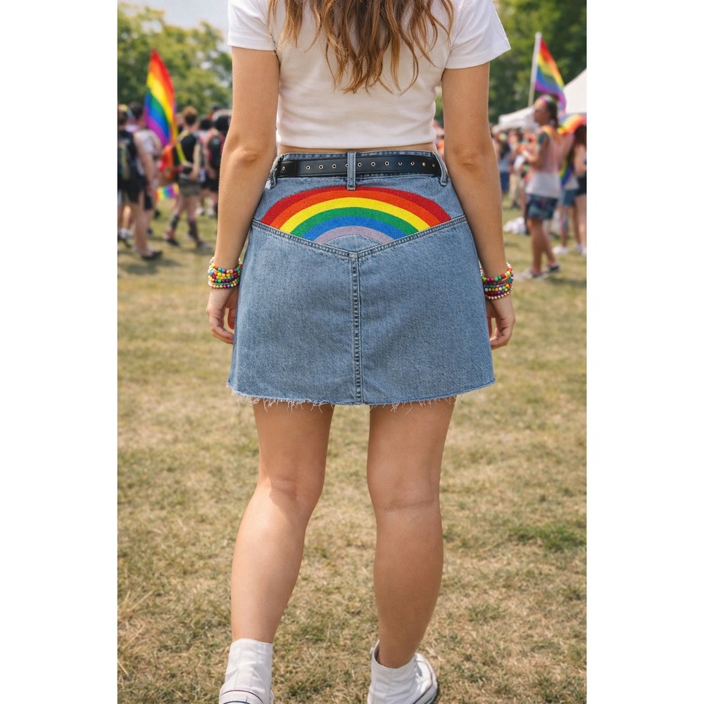 Pride Rainbow Denim Mini Skirt Raw Hem Festival Indie Sleaze Coachella SZ L